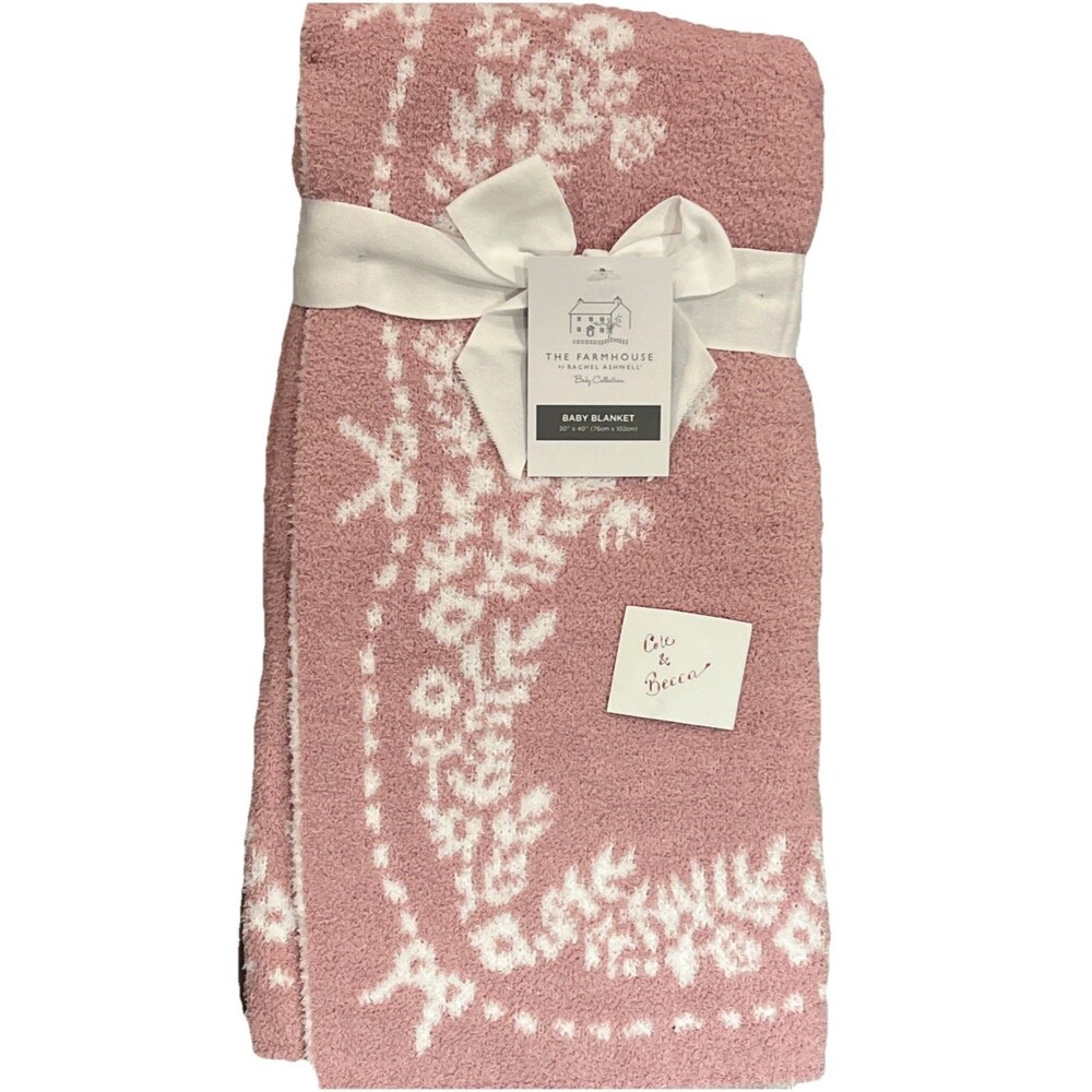 Farmhouse Rachel Ashwell Pink Chenille Reversible Floral Bow Baby Blanket New
